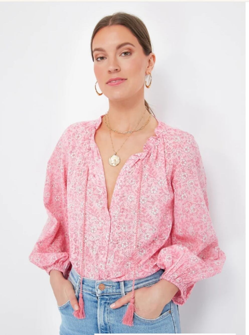 Emerson Fry India Collection Bardot Blouse Pink Crocus Floral Cotton Boho Top XS